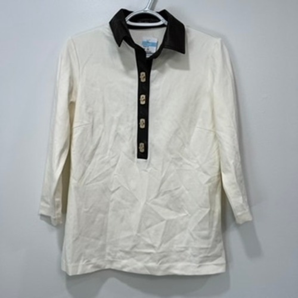 J Mclaughlin Nadine Top XS NWT 168 Collar Henley 3/4 Sleeve Catalina Ivory Solid